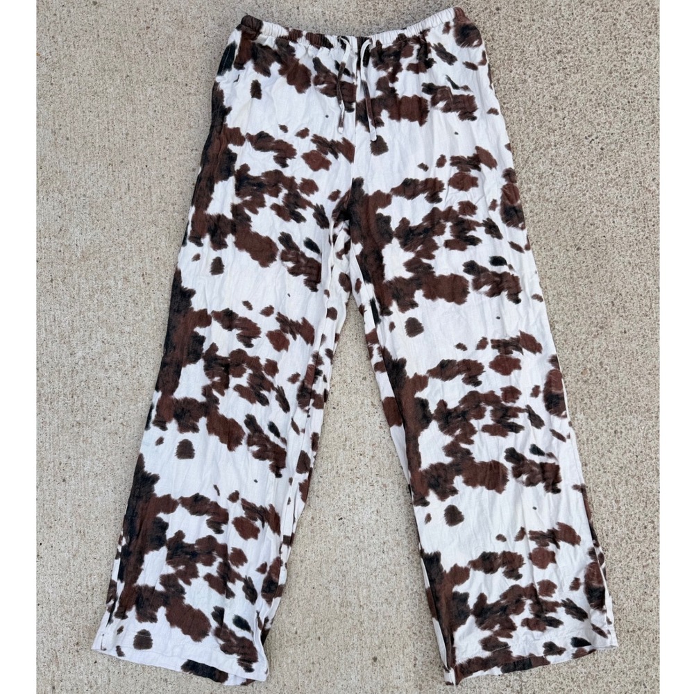 Sincerely Jules Cow Print Wide Leg Pants Brown White Linen Viscose Large